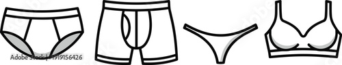 Simple line art icons of men's and women's underwear and bra Keywords: underwear, briefs, boxers, thong, bra, lingerie