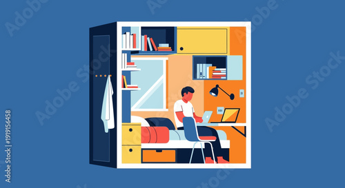 Man Working on Laptop in Modern Office.