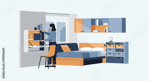 Woman Standing Near Bed with Desk.