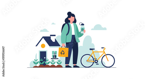 Woman Standing with Bicycle and Bag.