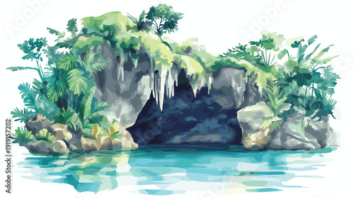 Cueva del Guacharo. Cueva del Guacharo hand drawn watercolor illustration