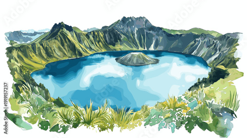 Quilotoa Crater Lake. Quilotoa Crater Lake hand drawn watercolor illustration