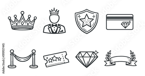Luxury and vip icon set with crown king shield star diamond ticket velvet rope and membership card for premium design and background