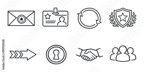 Exclusive vip membership icon set with envelope badge id card shield and handshake for access control app interface and loyalty program design