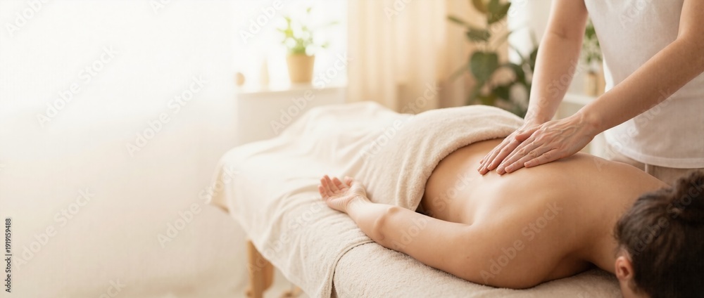 Obraz premium Woman receiving relaxing back massage from professional therapist. Spa wellness and health care concept