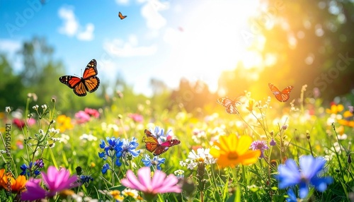 A beautiful spring meadow vector illustration featuring pink butterflies and floral blossoms under a sunny sky in a lush green summer field