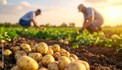 An organic farmer planting fresh potato crops in the healthy brown soil of a rural field during the autumn harvest