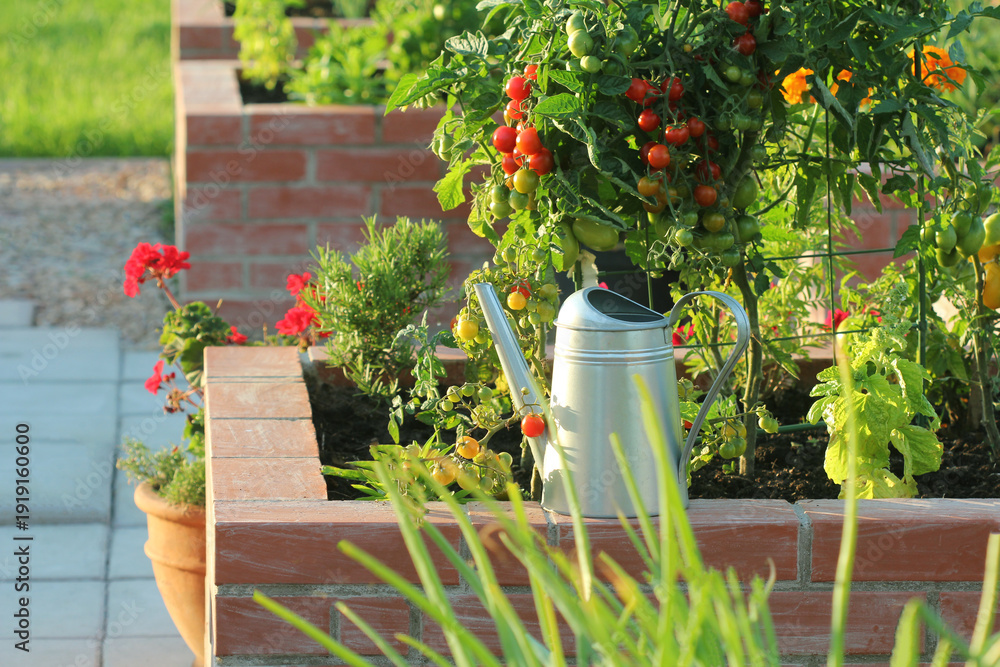 Foto A modern vegetable garden with raised bricks beds