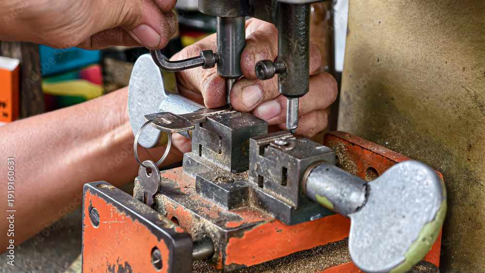 Αυτοκόλλητο Close-up of a skilled craftsman meticulously duplicating a metallic key using a