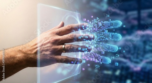 Human arm reaching through a digital portal transforming into glowing pixels