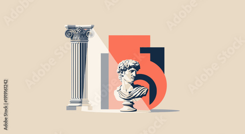 Artistic composition featuring a classical bust, column, and geometric shapes offering a modern