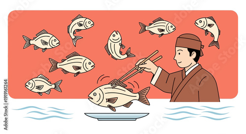 Asian chef with chopstick, preparing fish dish in traditional way, cooking fresh fish background