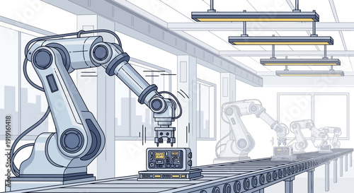 Automated production line featuring robotic arms working seamlessly in a manufacturing facility