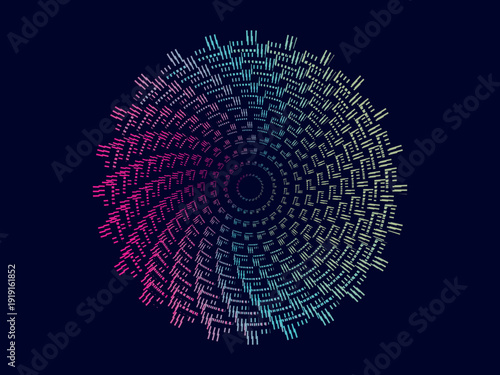 Dark background music poster design. Electro Sound Cover Template with dynamic abstract gradient circular geometric pattern shapes for t-shirt screen printing, technology, digital, parties, festivals 