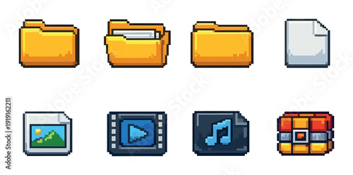 Yellow folder and file pixel icon set with image video audio document and archive box for ui and file manager design