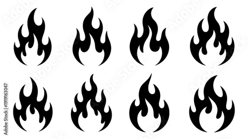 Fire flame icon collection. Includes various black flame symbols. Created in vector style with black color palette on white background, 8 icons