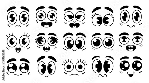 Cartoon eyes icon collection. Includes various emotional expressions, eyeballs, and eyelashes. Created in black and white style with simple shapes