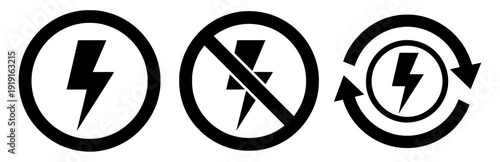 Electricity symbol icon collection. Includes lightning, power, and energy icons. Created in simple style with black color isolated PNG with Transparent Background