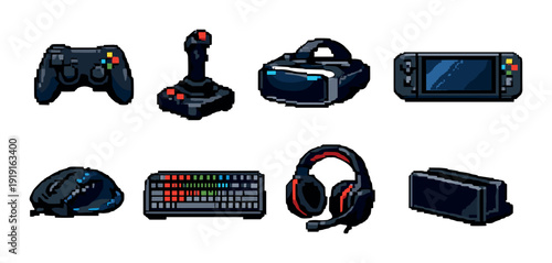 Gaming gear icon set in retro pixel style for game ui assets and streaming overlay design