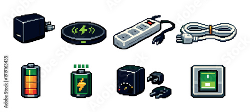 Pixel art electronic power and charging icon set featuring wall charger, wireless pad, power strip, cables and batteries for ui design, game assets and app interface