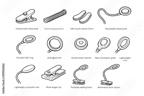 Circular liners ventilation light clip joint factor icons adjustable tactile vector shell