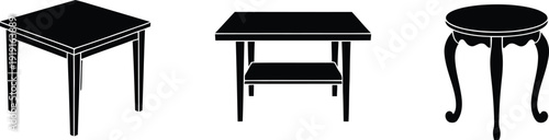Three black tables with different shapes and designs