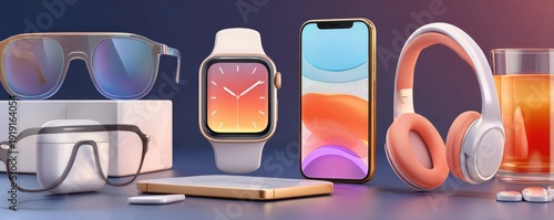 Tech lifestyle desk with smart watch, smartphone, headphones, glasses, and virtual reality headset on display