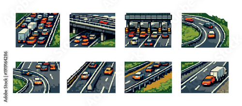 Highway traffic scenes collage with cars and toll lanes for transport, traffic analysis, editorial layouts and background design