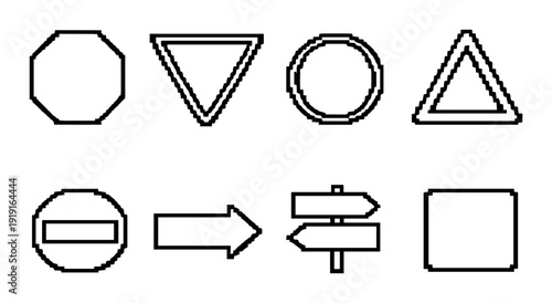 Geometric shape icons set with outlined monochrome symbols for ui and web design, editable button templates and background graphics for interface projects