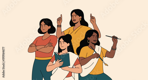 Illustration of four diverse women in casual clothing with different gestures on a beige background.