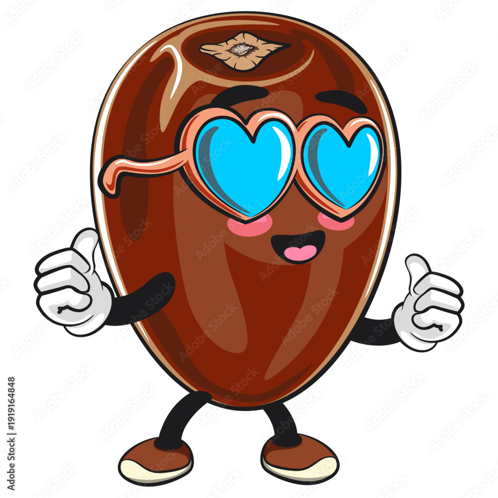 Naklejka premium cute dates fruit mascot character wearing heart shaped beach sunglasses, isolated vector illustration, work of hand drawn