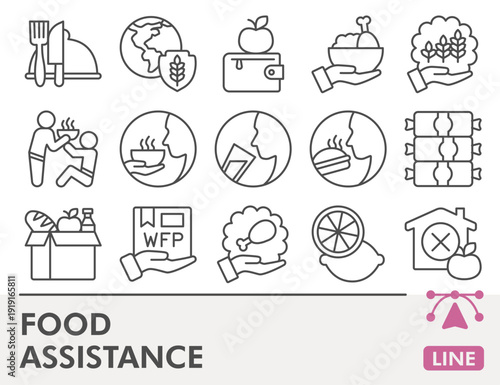 Food assistance symbols collection or sketches, market theme in outline style signs for web and app. Vector graphics, editable stroke icons isolated on white background.