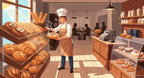 Bakery scene displaying a diverse array of breads and baked goods in a charming atmosphere