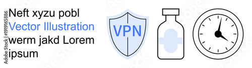 Data security, healthcare services, time management, online privacy, pharmaceuticals, protection. Shield labeled VPN, medicine bottle and clock. Data security and healthcare services concepts