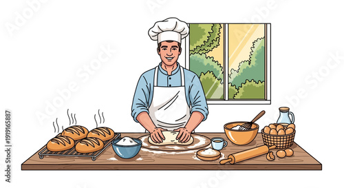 Baking bliss: A cheerful baker prepares dough with love and culinary expertise near window