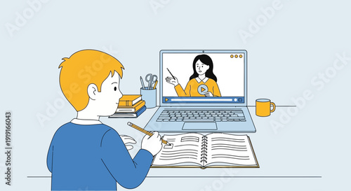 Boy studies at home using a laptop with a teacher conducting an online class remotely