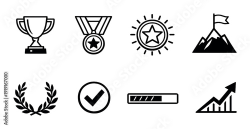 Achievement and success icon set with trophy medal laurel progress bar growth chart for design, card, poster, background and business presentations