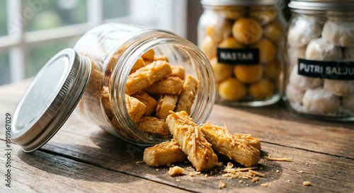 Cheese stick cookies spilling from glass jar on rustic wooden table