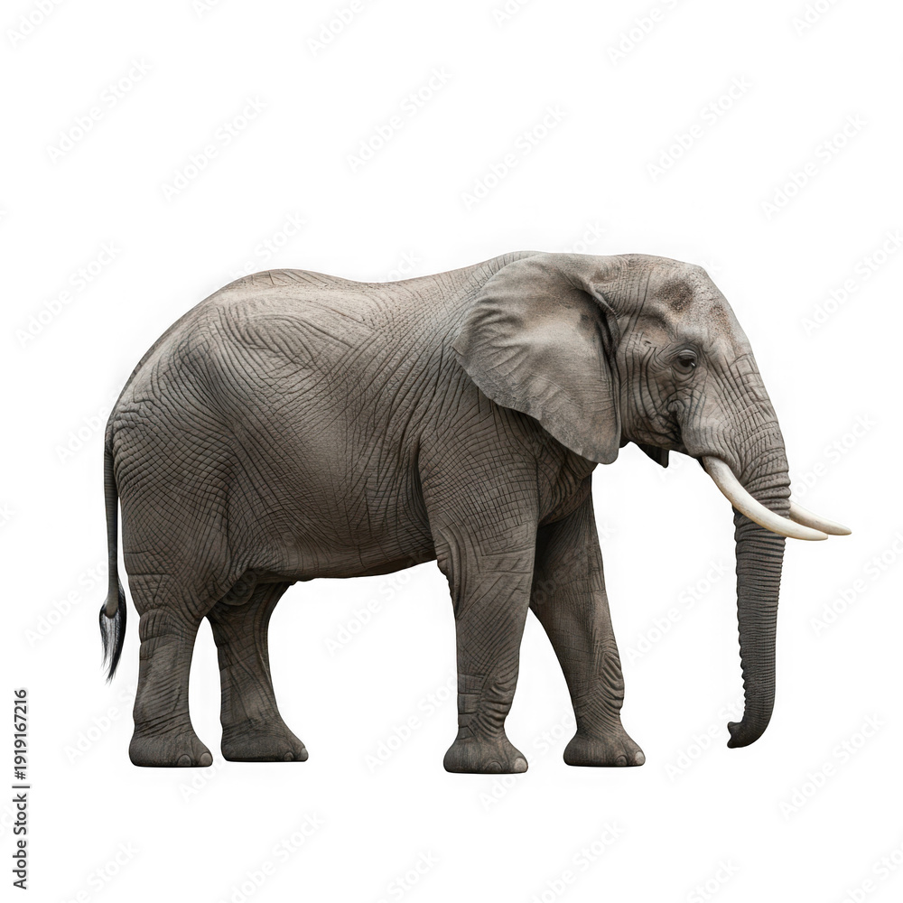 Obraz premium Majestic elephant standing in profile with detailed skin texture isolated on transparent background