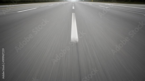 Fast moving road surface shot from low angle perspective on multilane highway with white markings in grey day