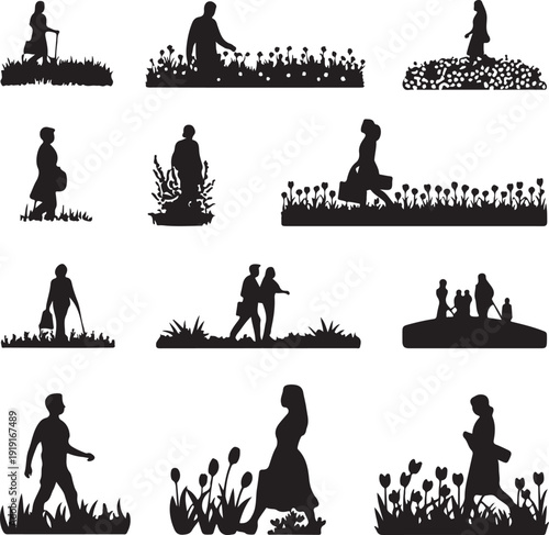 black silhouettes of people gardening and working outdoors in various poses