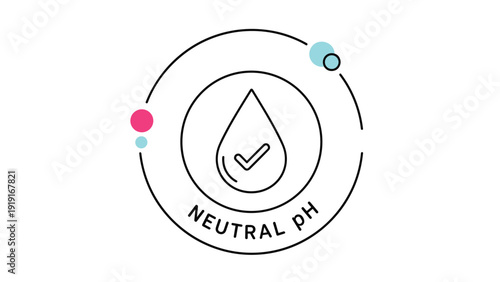 Neutral ph level indicator icon with a water drop and checkmark inside a circular frame with colorful accents.