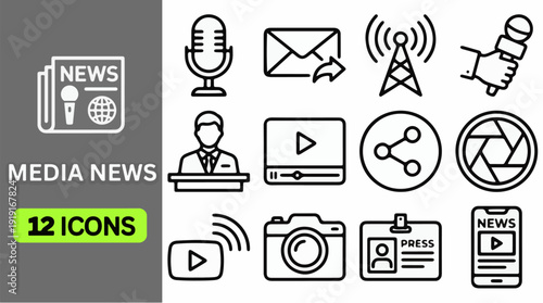 media news line icon set with newspaper microphone email broadcast antenna satellite camera video player share press badge and digital communication elements