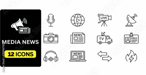 media news outline icon set with live streaming microphone globe satellite headphones television laptop exchange arrows and broadcasting communication symbols