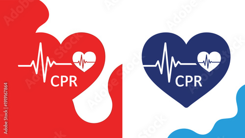 Medical CPR icons featuring heart shapes with pulse lines in red and blue colors for first aid training materials.