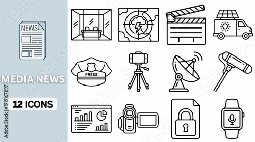 media news outline icon set with newspaper studio camera clapperboard satellite microphone police badge analytics lock and broadcasting security elements