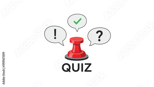 Interactive quiz button with speech bubbles containing exclamation marks and checkmarks for education and trivia games.