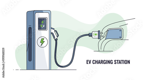 Electric vehicle EV charging station station with a long power cable plugging into a car for sustainable transportation.
