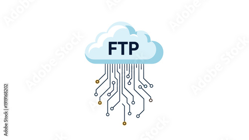 File transfer protocol FTP cloud computing icon with digital circuit lines, representing data storage and network connectivity.