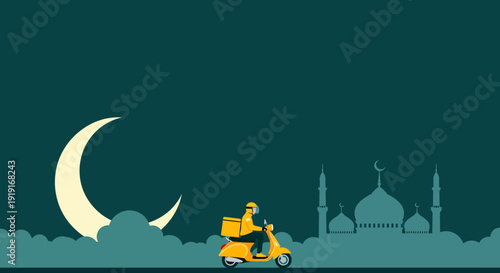 Delivery person on scooter with yellow bag at night.